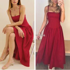 Reformation Katarin Linen Midi Dress - Lipstick Red French Valentine's Day